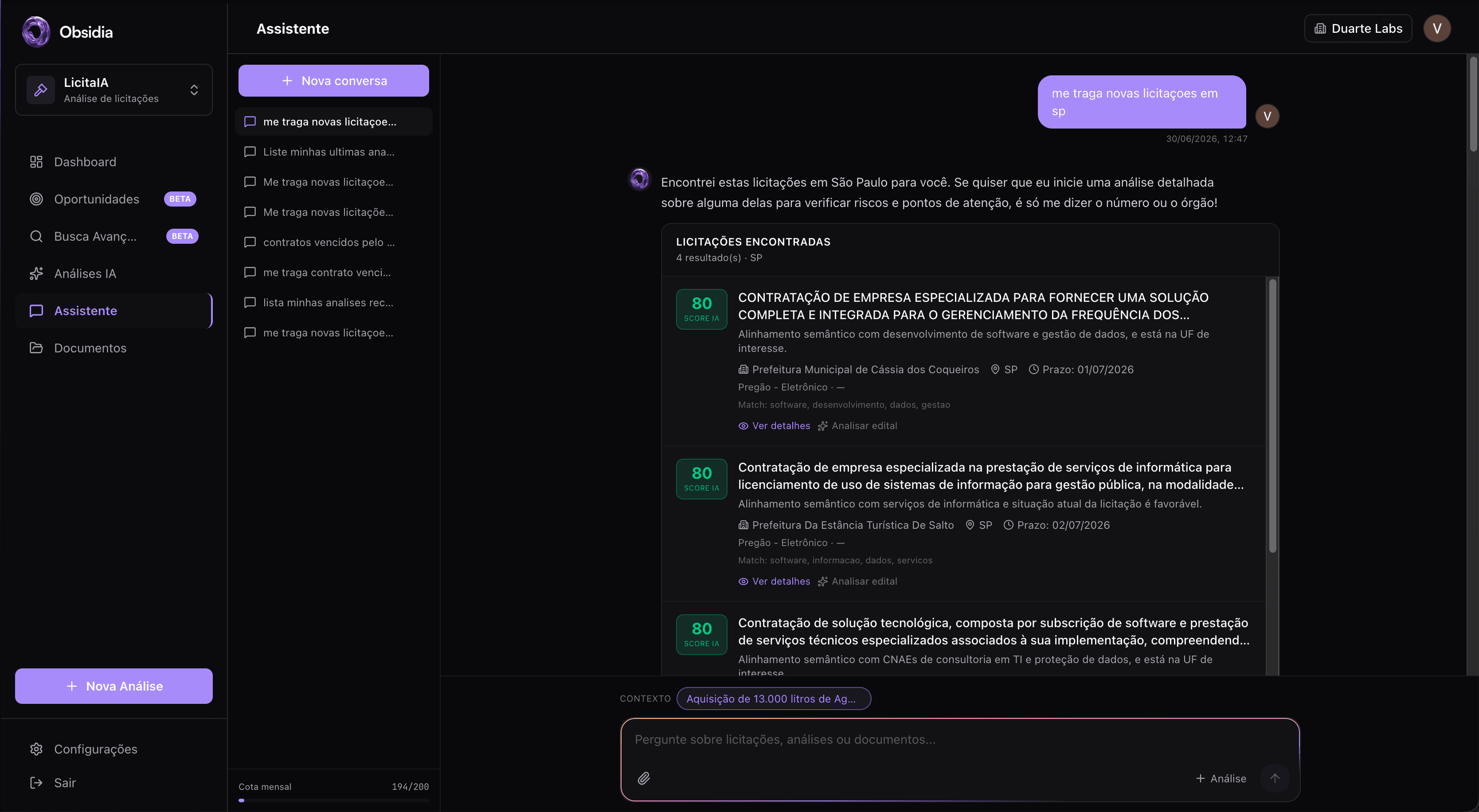 Chat por edital no LicitaIA
